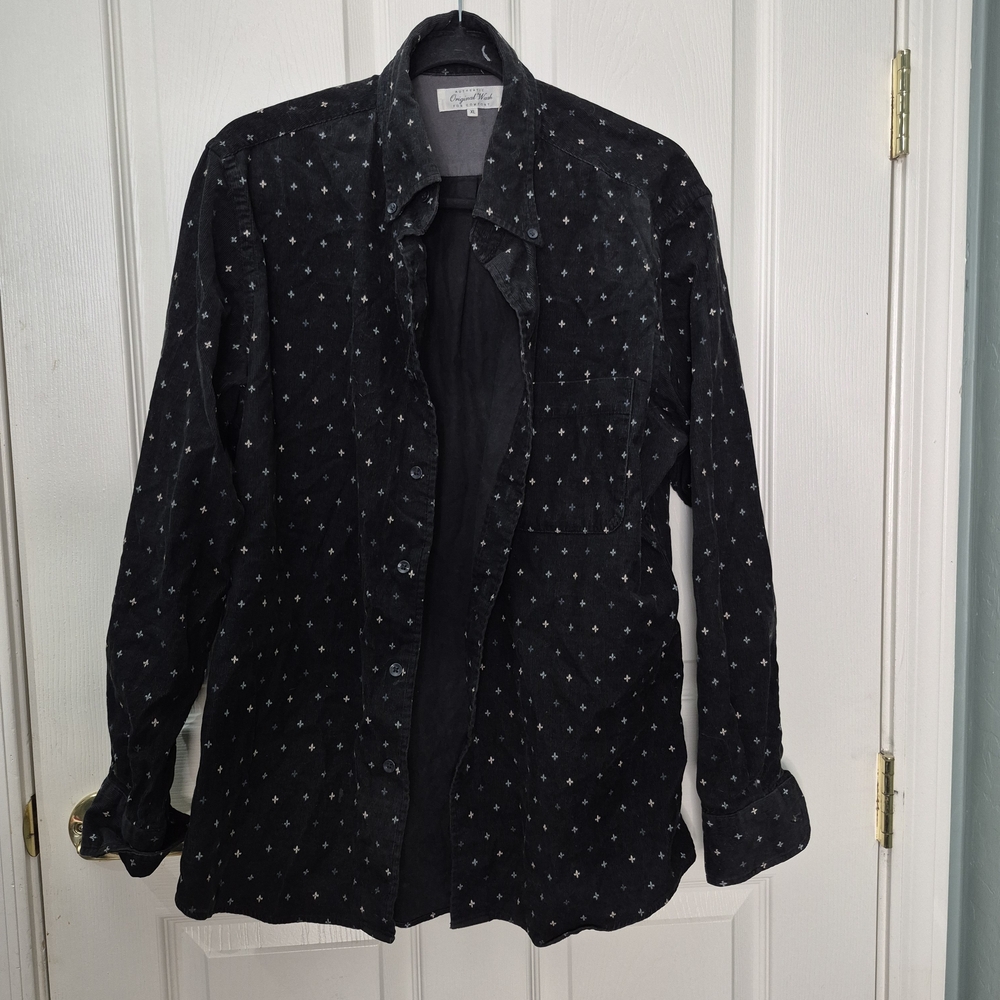 Men's Black Patterned Corduroy Button Down Shirt